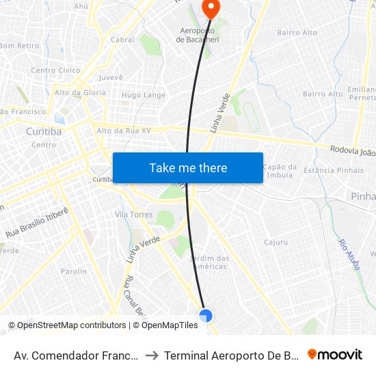 Av. Comendador Franco, 4485 to Terminal Aeroporto De Bacacheri map