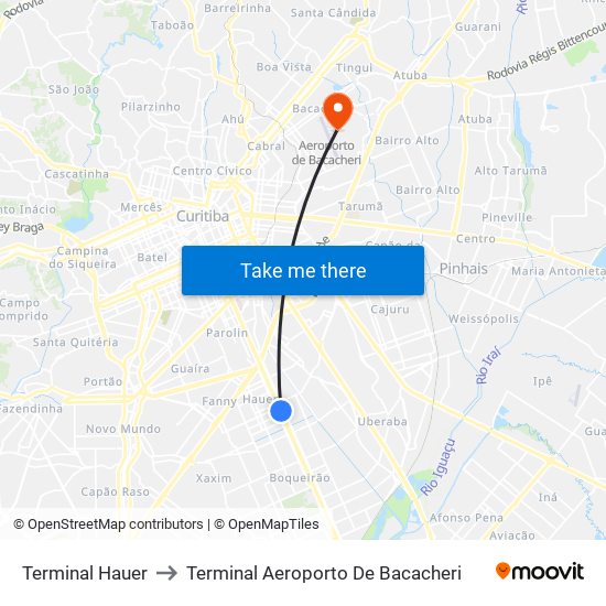 Terminal Hauer to Terminal Aeroporto De Bacacheri map