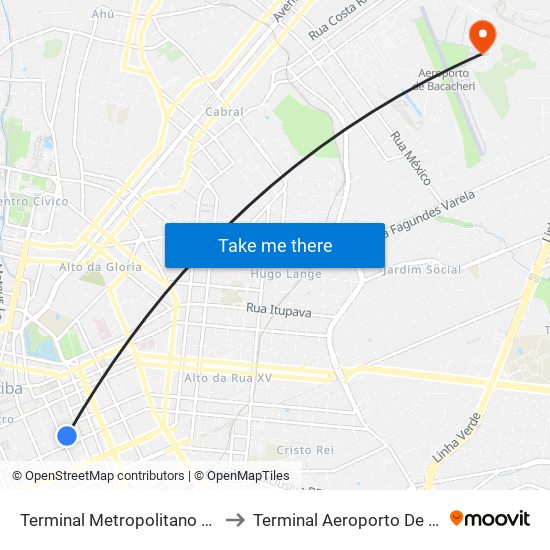 Terminal Metropolitano Guadalupe to Terminal Aeroporto De Bacacheri map