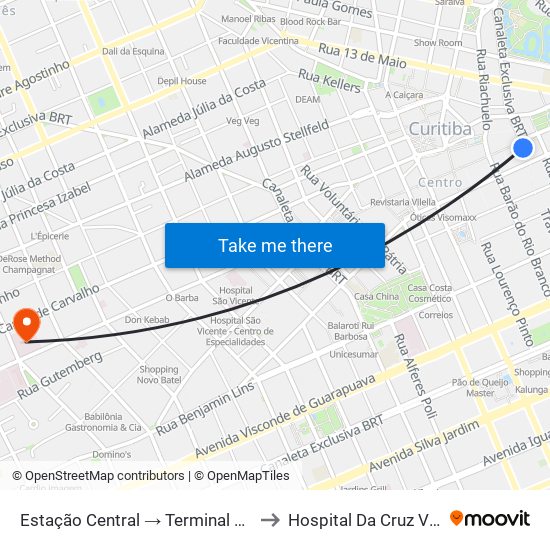 Estação Central → Terminal Capão Raso to Hospital Da Cruz Vermelha map