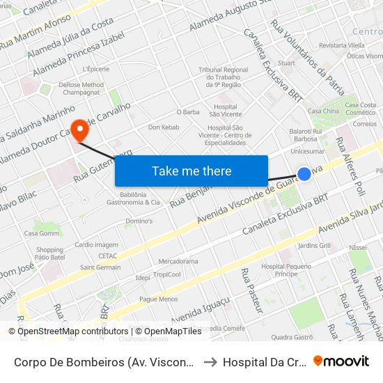 Corpo De Bombeiros (Av. Visconde De Guarapuava, 3571) to Hospital Da Cruz Vermelha map