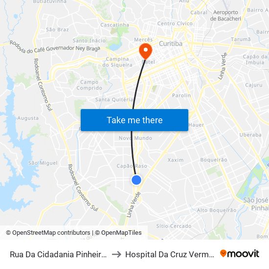 Rua Da Cidadania Pinheirinho to Hospital Da Cruz Vermelha map