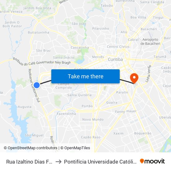 Rua Izaltino Dias Ferraz, 96-196 to Pontifícia Universidade Católica Do Paraná Pucpr map