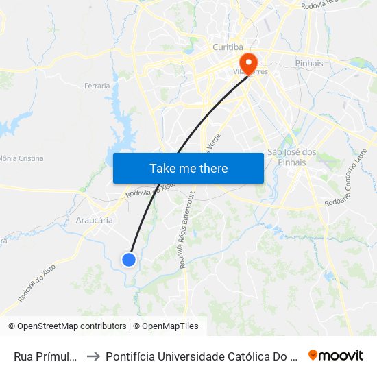 Rua Prímula, 855 to Pontifícia Universidade Católica Do Paraná Pucpr map