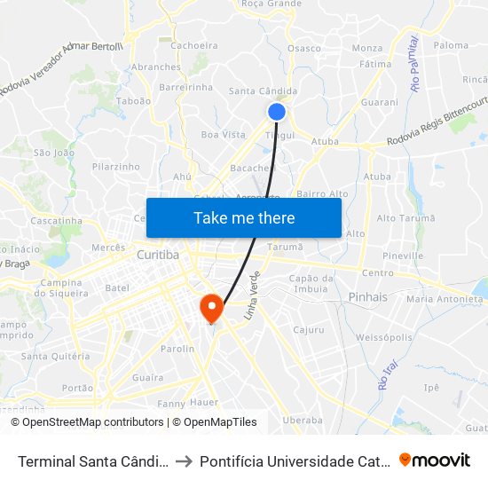 Terminal Santa Cândida (Madrugueiro) to Pontifícia Universidade Católica Do Paraná Pucpr map