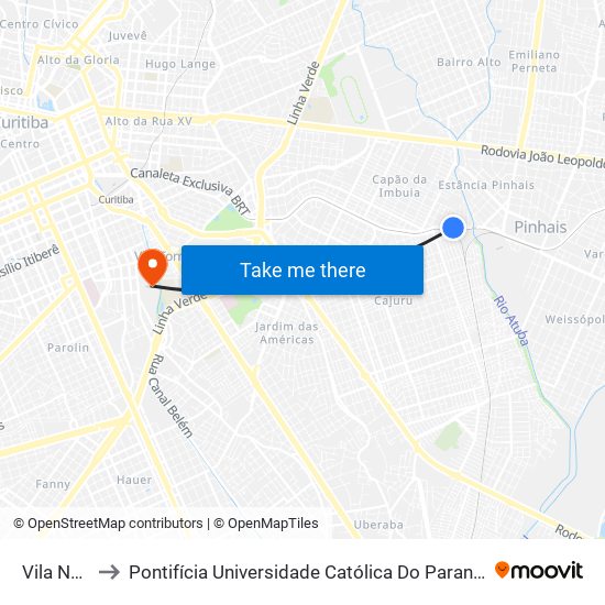 Vila Nova to Pontifícia Universidade Católica Do Paraná Pucpr map