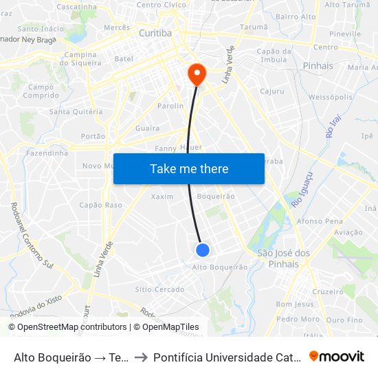 Alto Boqueirão → Terminal Boqueirão to Pontifícia Universidade Católica Do Paraná Pucpr map