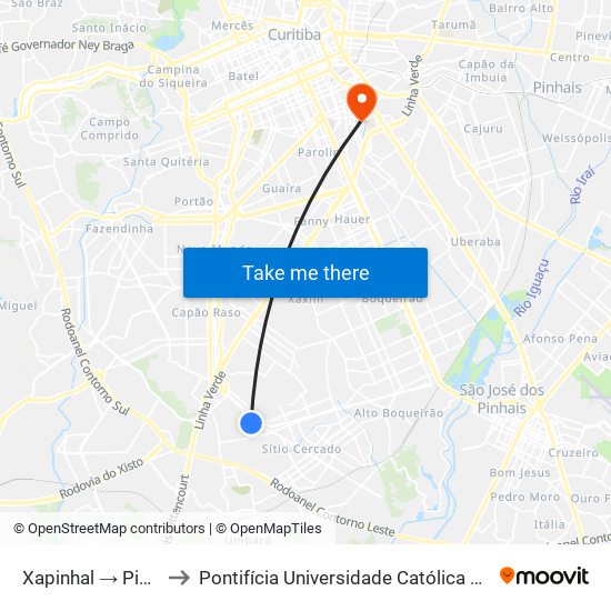 Xapinhal → Pinheirinho to Pontifícia Universidade Católica Do Paraná Pucpr map