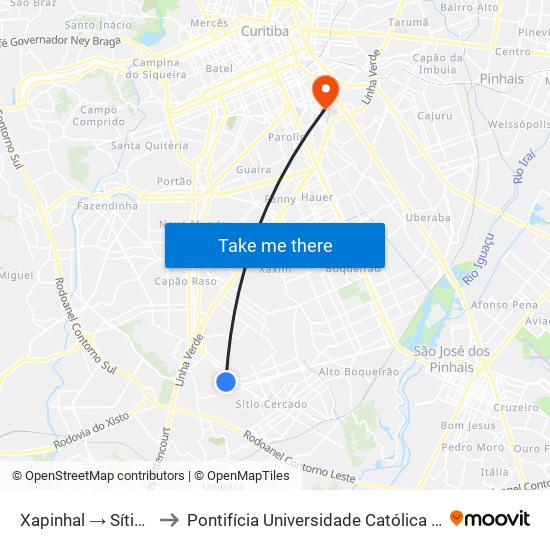 Xapinhal → Sítio Cercado to Pontifícia Universidade Católica Do Paraná Pucpr map