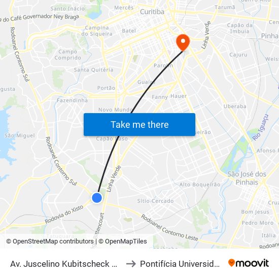 Av. Juscelino Kubitscheck De Oliveira, 164 - Auto Viação Redentor to Pontifícia Universidade Católica Do Paraná Pucpr map