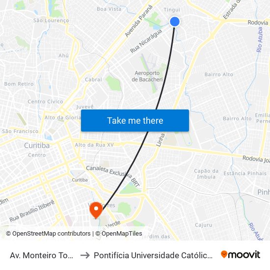 Av. Monteiro Tourinho, 220 to Pontifícia Universidade Católica Do Paraná Pucpr map