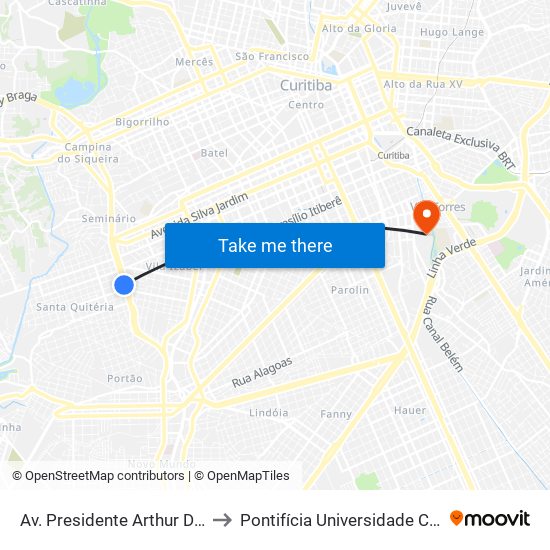 Av. Presidente Arthur Da Silva Bernardes, 800 to Pontifícia Universidade Católica Do Paraná Pucpr map