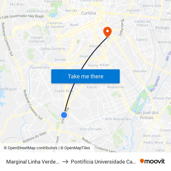 Marginal Linha Verde - Hotel Pinheirinho to Pontifícia Universidade Católica Do Paraná Pucpr map