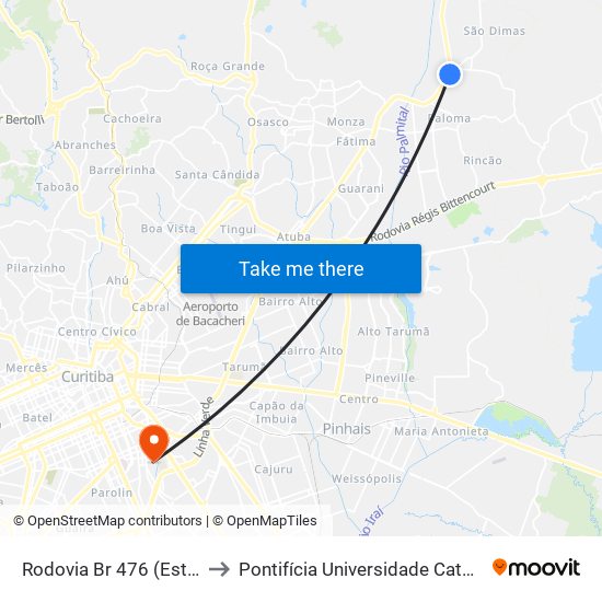 Rodovia Br 476 (Estrada Da Ribeira) to Pontifícia Universidade Católica Do Paraná Pucpr map