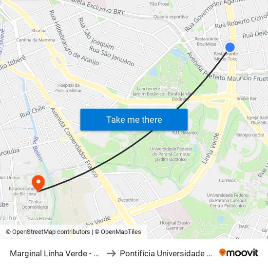 Marginal Linha Verde - Viaduto Jardim Botânico to Pontifícia Universidade Católica Do Paraná Pucpr map