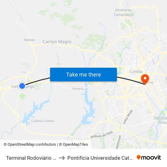 Terminal Rodoviário De Campo Largo to Pontifícia Universidade Católica Do Paraná Pucpr map