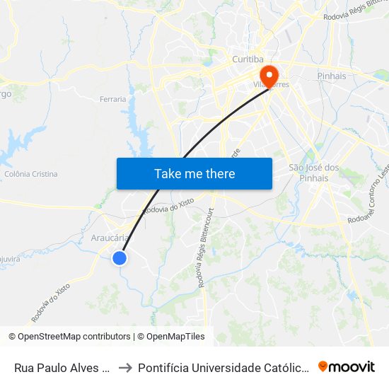 Rua Paulo Alves Pinto, 1895 to Pontifícia Universidade Católica Do Paraná Pucpr map
