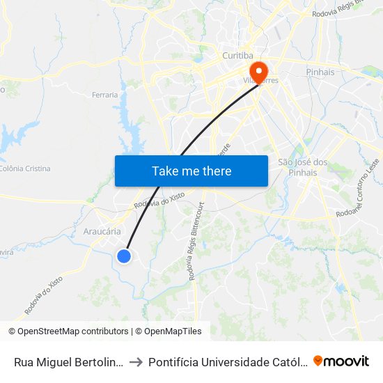 Rua Miguel Bertolino Pizato, 2341 to Pontifícia Universidade Católica Do Paraná Pucpr map