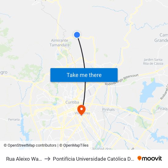 Rua Aleixo Walt, 3331 to Pontifícia Universidade Católica Do Paraná Pucpr map