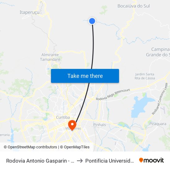 Rodovia Antonio Gasparin - Parque Municipal Gruta Do Bacaetava to Pontifícia Universidade Católica Do Paraná Pucpr map