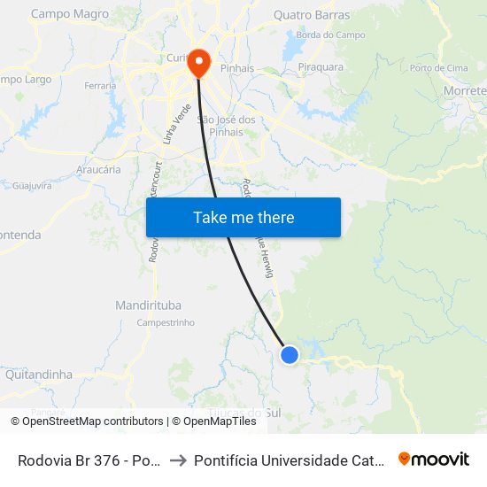 Rodovia Br 376 - Posto Monte Carlo to Pontifícia Universidade Católica Do Paraná Pucpr map