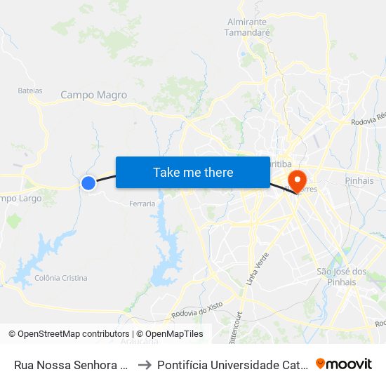 Rua Nossa Senhora Da Aparecida, 140 to Pontifícia Universidade Católica Do Paraná Pucpr map