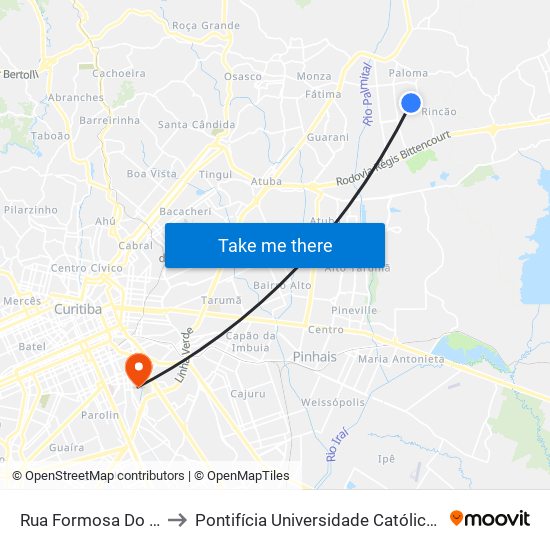 Rua Formosa Do Oeste, 405 to Pontifícia Universidade Católica Do Paraná Pucpr map