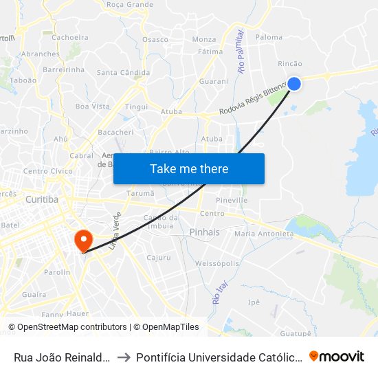 Rua João Reinaldo Zanon, 94 to Pontifícia Universidade Católica Do Paraná Pucpr map