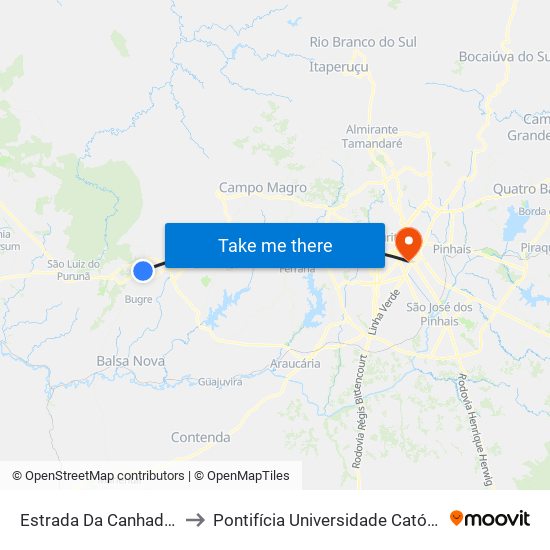 Estrada Da Canhada - Restaurante to Pontifícia Universidade Católica Do Paraná Pucpr map