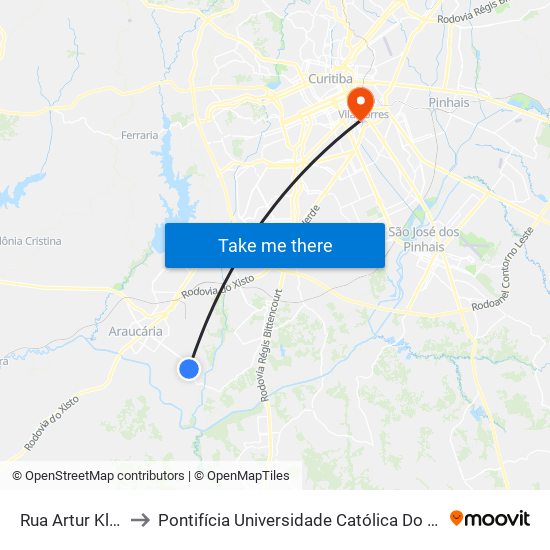 Rua Artur Klas, 54 to Pontifícia Universidade Católica Do Paraná Pucpr map