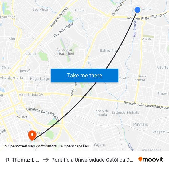 R. Thomaz Liss, 229 to Pontifícia Universidade Católica Do Paraná Pucpr map