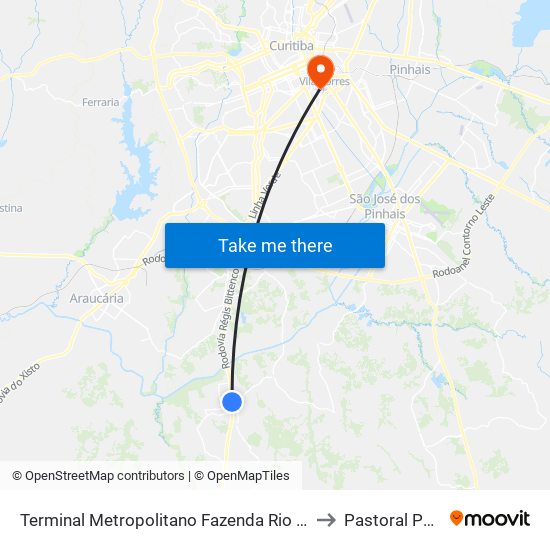 Terminal Metropolitano Fazenda Rio Grande to Pastoral Pucpr map