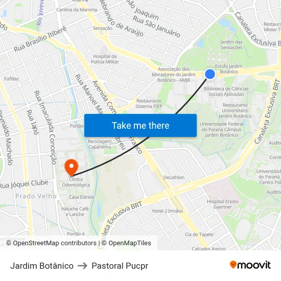 Jardim Botânico to Pastoral Pucpr map