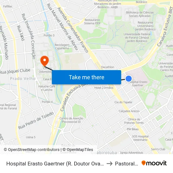 Hospital Erasto Gaertner (R. Doutor Ovande do Amaral, 201) to Pastoral Pucpr map