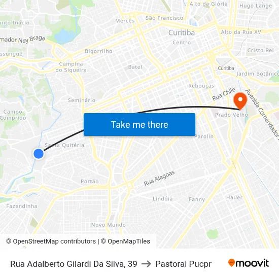 Rua Adalberto Gilardi Da Silva, 39 to Pastoral Pucpr map