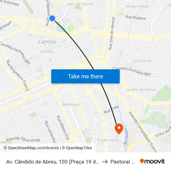 Av. Cândido de Abreu, 100 (Praça 19 de Dezembro) to Pastoral Pucpr map