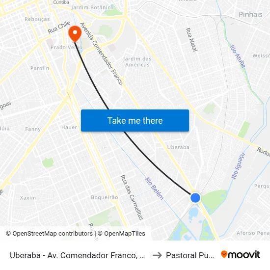 Uberaba - Av. Comendador Franco, 8440 to Pastoral Pucpr map