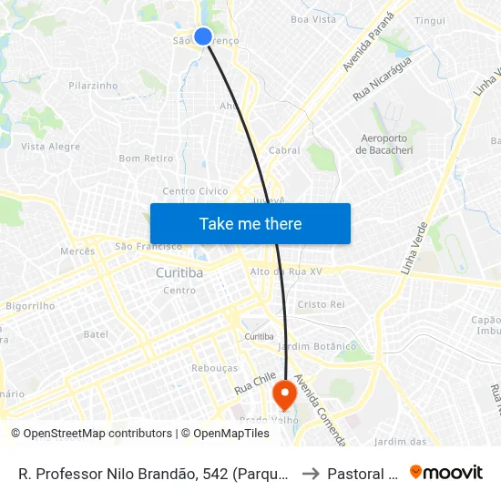 R. Professor Nilo Brandão, 542 (Parque São Lourenço) to Pastoral Pucpr map