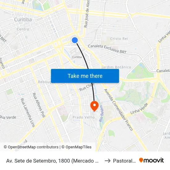 Av. Sete de Setembro, 1800 (Mercado Municipal de Curitiba) to Pastoral Pucpr map