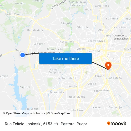Rua Felício Laskoski, 6153 to Pastoral Pucpr map