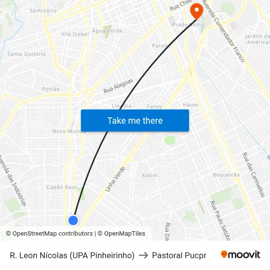 R. Leon Nícolas (UPA Pinheirinho) to Pastoral Pucpr map