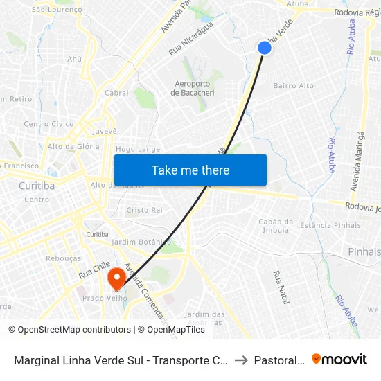 Marginal Linha Verde Sul - Transporte Coletivo Glória (Atuba) to Pastoral Pucpr map