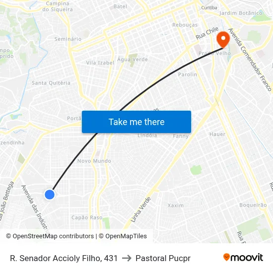 R. Senador Accioly Filho, 431 to Pastoral Pucpr map