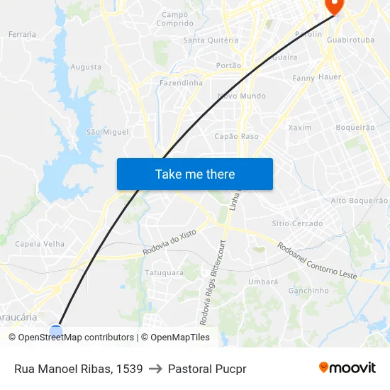 Rua Manoel Ribas, 1539 to Pastoral Pucpr map