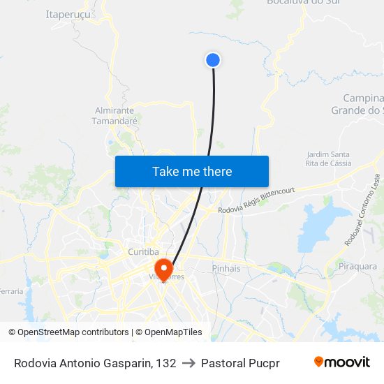 Rodovia Antonio Gasparin, 132 to Pastoral Pucpr map