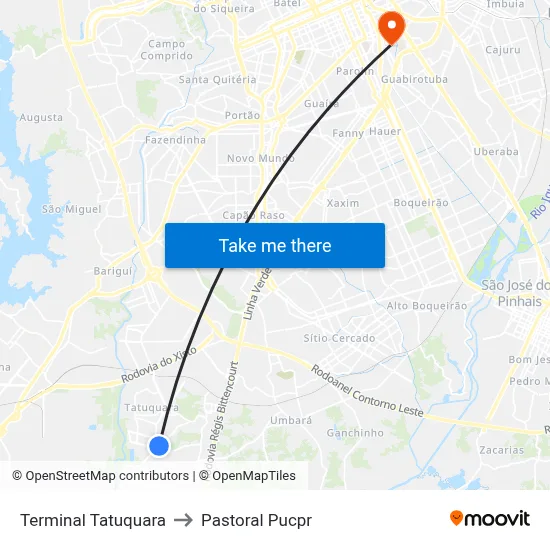 Terminal Tatuquara to Pastoral Pucpr map