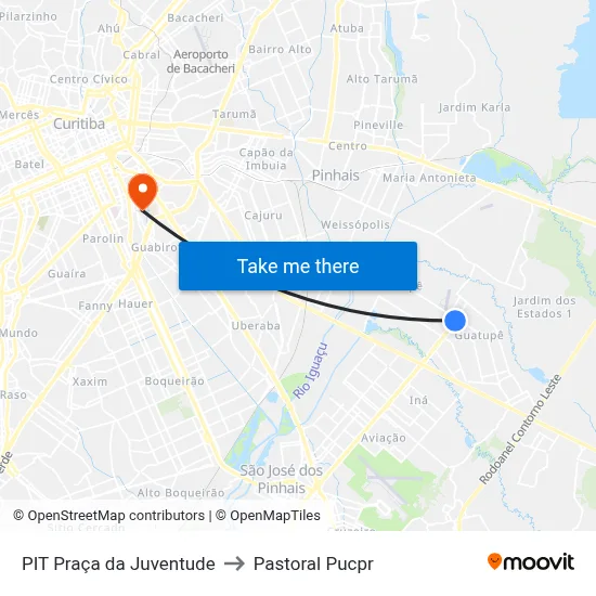 PIT Praça da Juventude to Pastoral Pucpr map