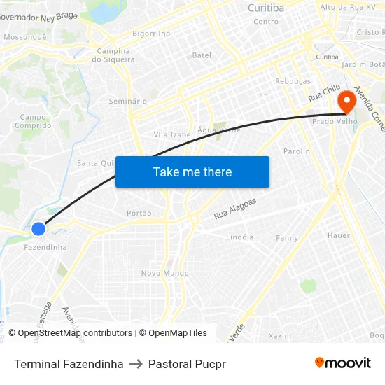 Terminal Fazendinha to Pastoral Pucpr map