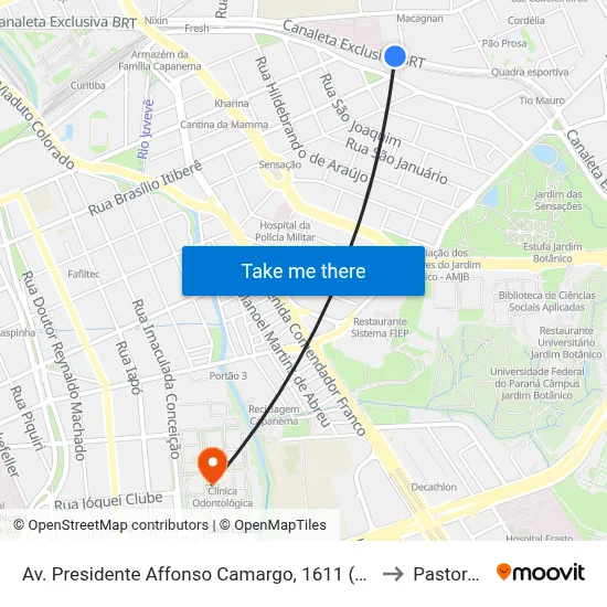 Av. Presidente Affonso Camargo, 1611 (Hospital Universitário Cajuru) to Pastoral Pucpr map