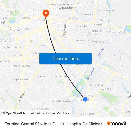 Terminal Central São José Dos Pinhais to Hospital De Clínicas Da Ufpr map